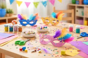 Atividades de carnaval para educação infantil: ideias prontas para imprimir e trabalhar em sala Mesa de atividades de carnaval para educação infantil com máscaras coloridas decoradas com penas, tintas, papéis coloridos, tesouras e confetes organizados para trabalhos manuais em sala de aula infantil