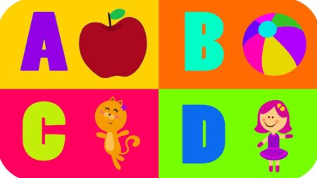 Ilustração colorida com as letras A, B, C e D em destaque, acompanhadas de figuras infantis como maçã, bola, gato e menina, usada como moldes de letras grandes para imprimir PDF