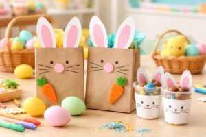 Lembrancinhas de Páscoa em sacolinhas e copinhos decorados como coelho, feitos com papel kraft e orelhas rosas, recheados com chocolates coloridos e ovos de Páscoa sobre mesa de artesanato infantil com materiais de pintura e decoração ao fundo