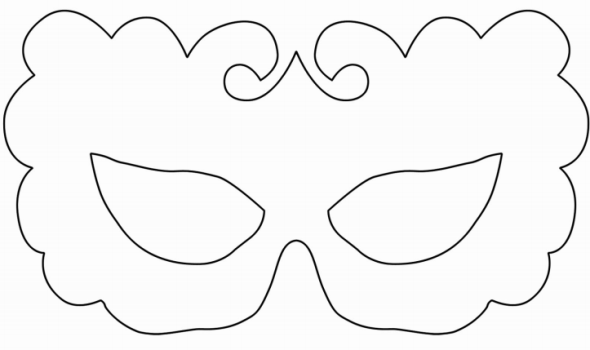 Desenho em contorno de uma máscara de **carnaval** ou baile de máscaras com bordas onduladas e detalhes em espiral na parte central superior.