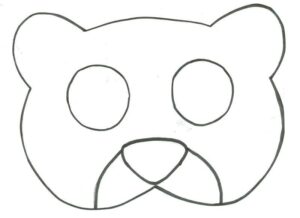 Desenho simples do contorno de uma **máscara de urso** com aberturas circulares para os olhos e um focinho arredondado, pronta para colorir ou cortar para uma atividade escolar.