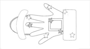 Desenho em contorno de uma luva decorada com estrelas, incluindo detalhes de punho e área retangular central, em estilo de molde para atividades escolares. 