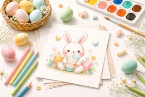 Desenhos de Páscoa para colorir e imprimir com ilustração de coelho fofo segurando ovos decorados, rodeado por flores, lápis de cor, tinta aquarela e ovos coloridos sobre mesa clara.