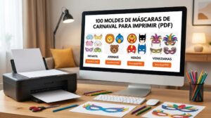 100 moldes de máscaras de carnaval para imprimir em PDF com modelos infantis, venezianos e criativos