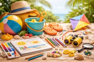 Itens coloridos de praia organizados sobre mesa de madeira, incluindo bola, balde com pá, chinelos, pipa, binóculo, lupa, lápis de cor e caderno com desenho infantil do sol e do mar, representando atividades para as férias na praia