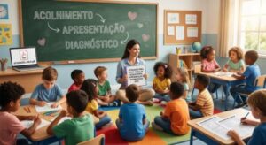 Professora sentada no centro da sala conduzindo roda de conversa com crianças no início do ano letivo, em atividades para volta às aulas voltadas ao acolhimento e diagnóstico pedagógico.