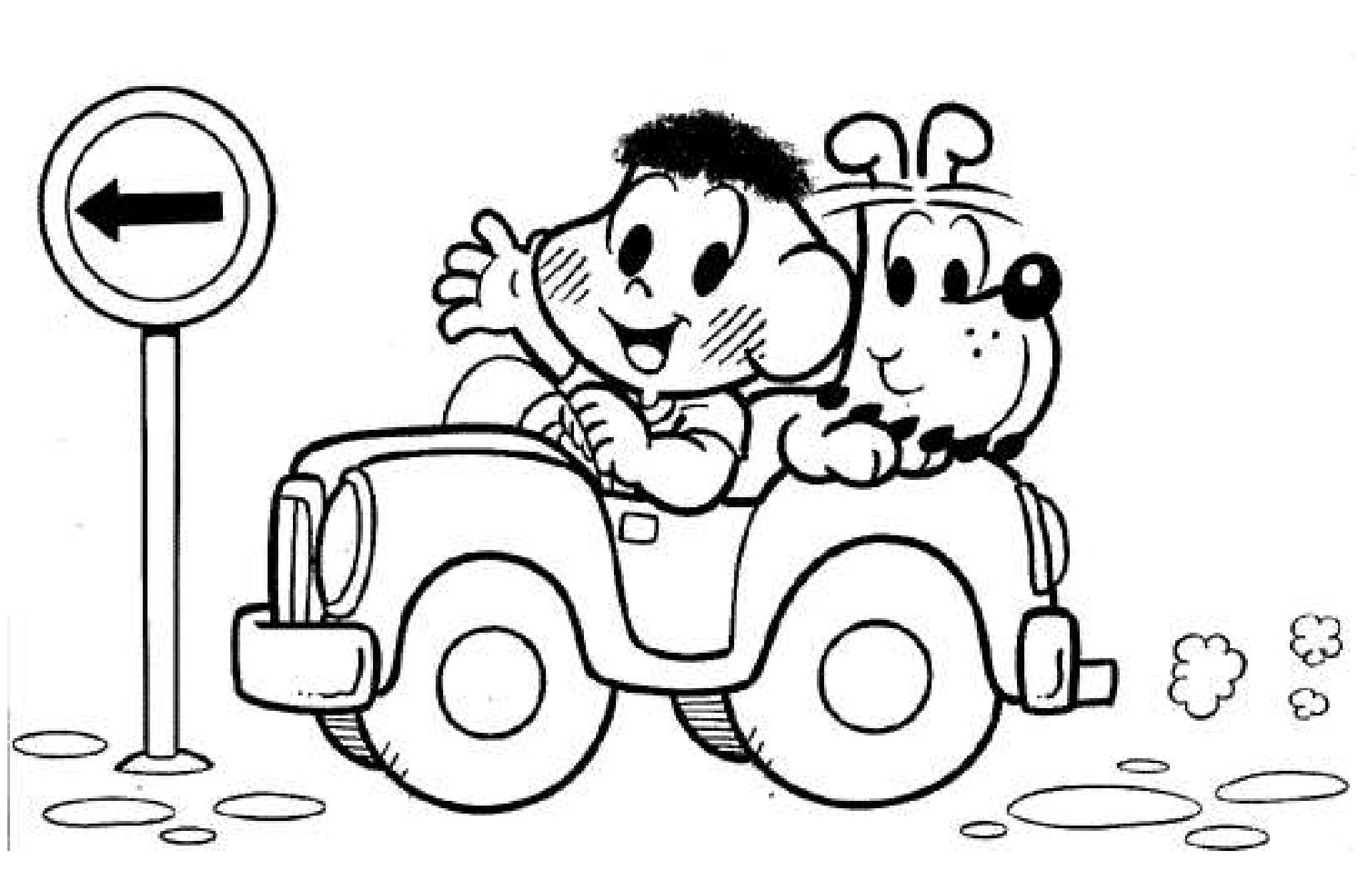 Desenho para colorir no Cascão e o Bidu em um carrinho