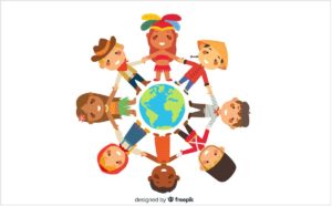 Imagem grafica de Diversidade Cultural com bonequinhos de varias culturas de maos dadas em torno do planeta Terra scaled e1681447696840