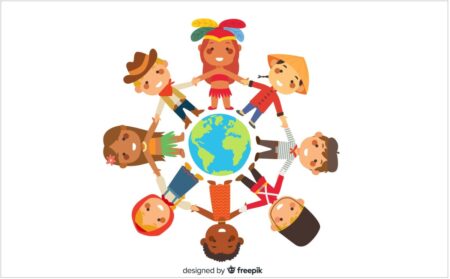 Imagem grafica de Diversidade Cultural com bonequinhos de varias culturas de maos dadas em torno do planeta Terra scaled e1681447696840