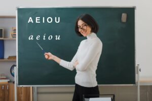 Atividade sobre vogais: imprima tarefas educativas para trabalhar o letramento sorridente jovem professora de oculos em pe na frente do quadro negro e aponta para o quadro negro com ponteiro em sala de aula scaled e1683674151414
