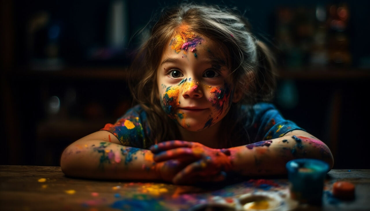 Menina toda coberta de tinta após fazer atividades com tinta guache para educação infantil