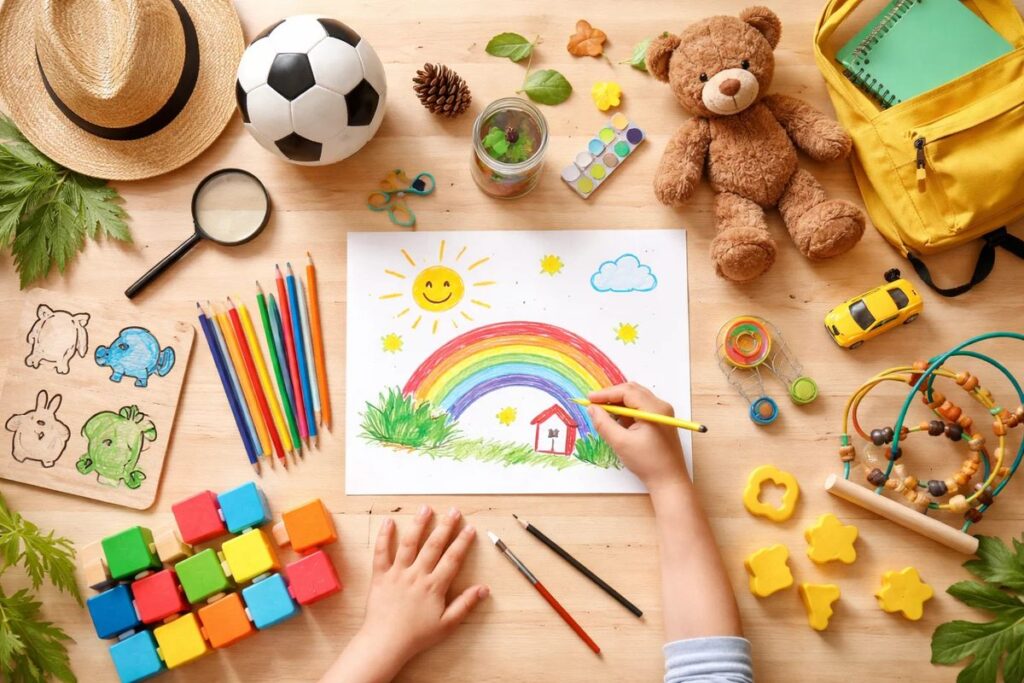 Criança desenhando arco-íris com lápis de cor sobre mesa de madeira cercada por brinquedos educativos, bola de futebol, ursinho de pelúcia, mochila amarela e materiais escolares, representando atividades para criança de 7 anos voltadas ao desenvolvimento criativo e coordenação motora