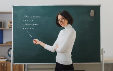 Atividades Números Pares e Ímpares: Melhores Modelos! sorridente jovem professora de oculos em pe na frente do quadro negro e aponta para o quadro negro com ponteiro em sala de aula e1693339285411