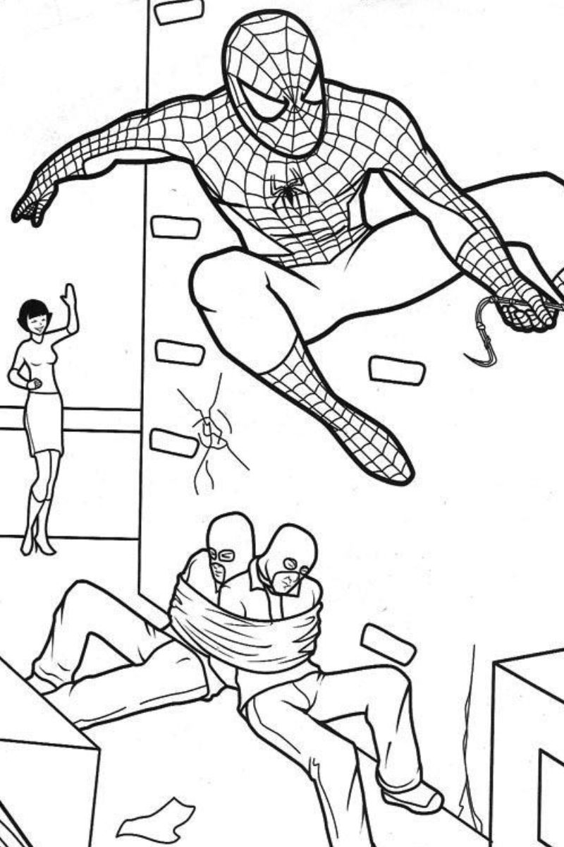 Homem-Aranha para pintar: imagem do heróis saindo após deixar dois bandidos amarrados