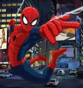 Imagem do Homem-Aranha soltando a teia em sua pose clássica com a cidade ao fundo
