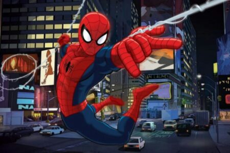 Desenhos do Homem-Aranha Para Imprimir e Colorir Imagem do Homem-Aranha soltando a teia em sua pose clássica com a cidade ao fundo