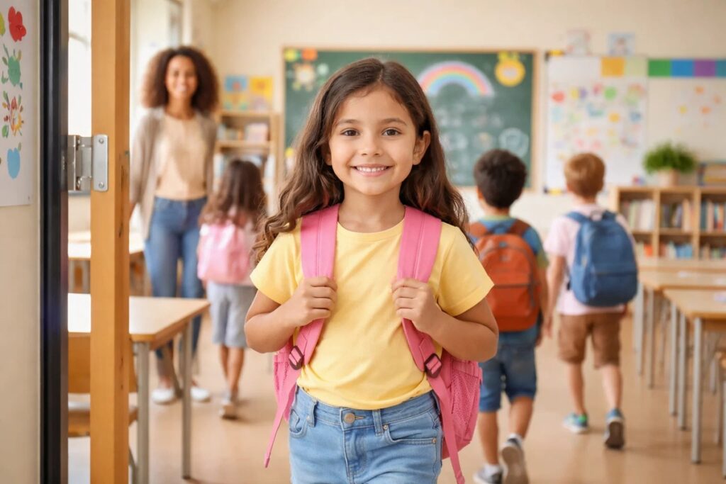 Atividades para o primeiro dia de aula para imprimir: acolhimento, integração e sondagem Criança sorridente com mochila rosa entrando na sala de aula no primeiro dia letivo, professora e alunos ao fundo em ambiente escolar colorido com quadro e desenhos, representando atividades para o primeiro dia de aula