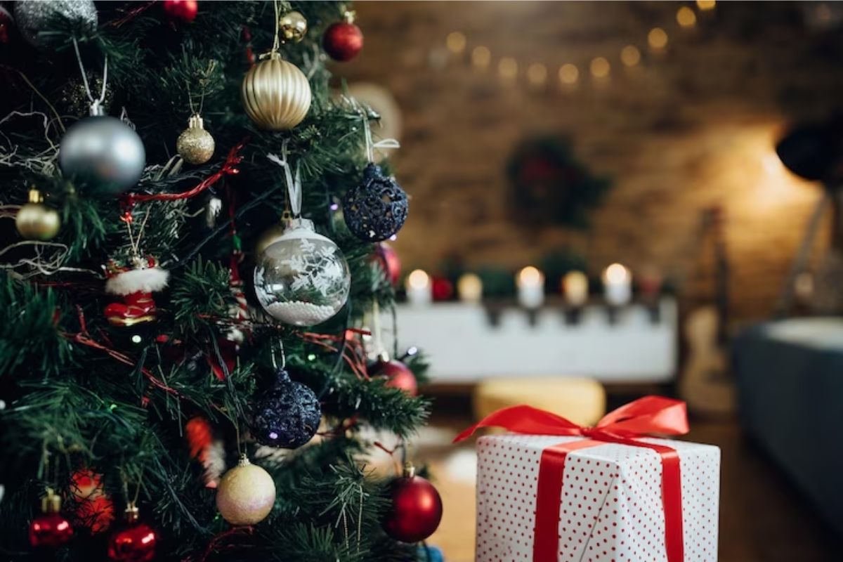Imagem de uma árvore de natal com uma caixa de presente ao lado
