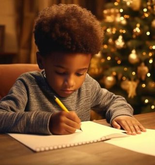 Um menino está sentado na mesa enquanto colore um cartão de natal