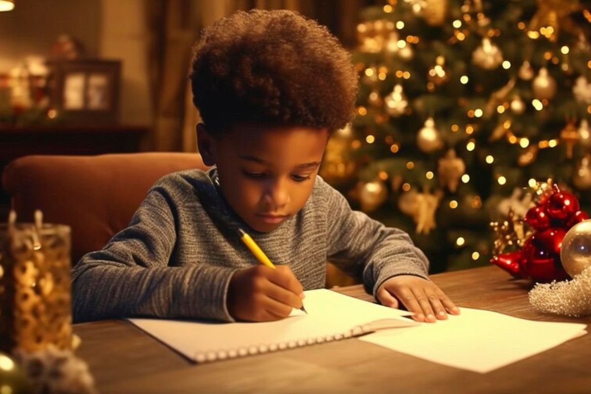 Um menino está sentado na mesa enquanto colore um cartão de natal