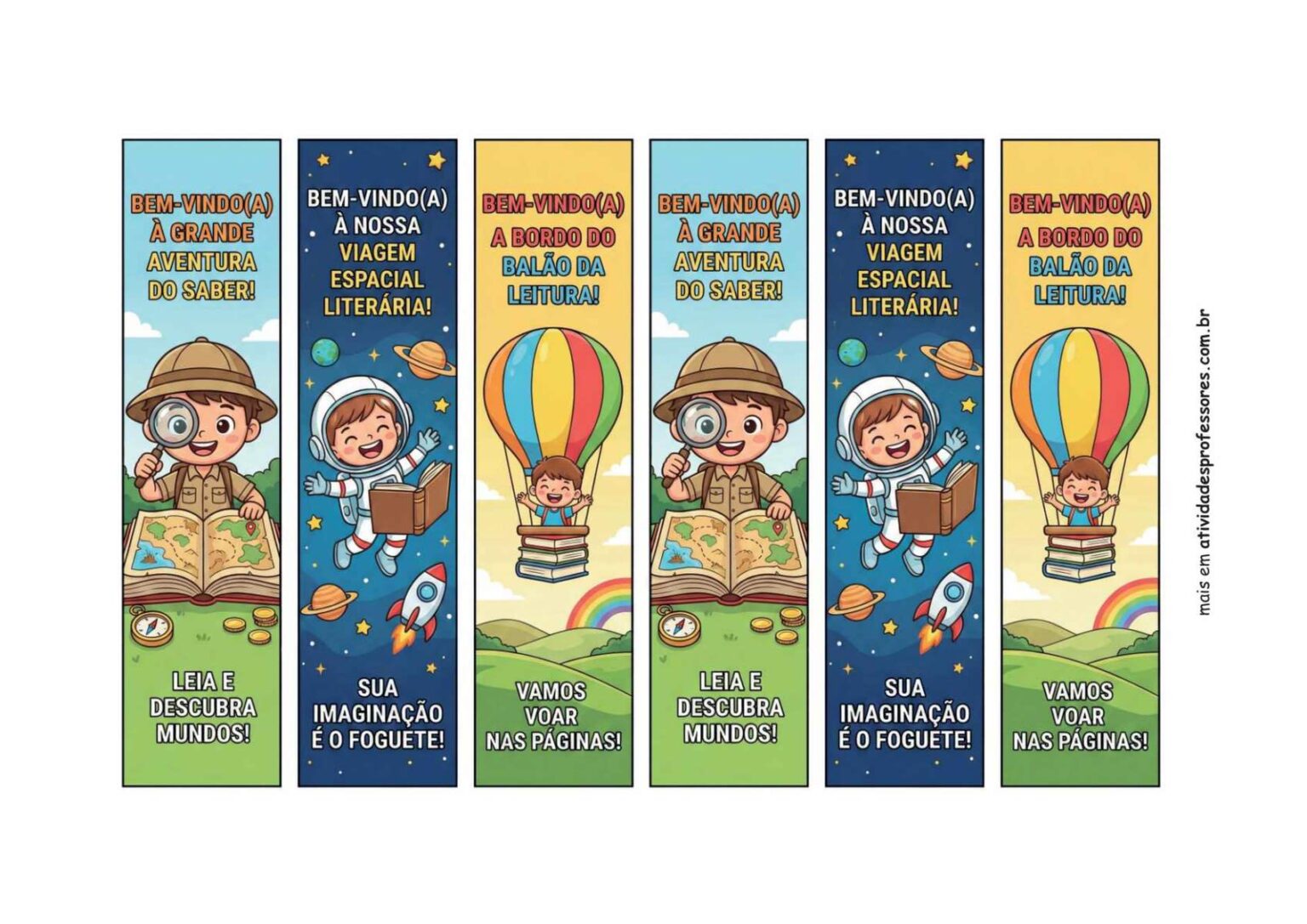 Marcadores verticais com temas de leitura e aventura, incluindo explorador com mapa, criança astronauta e balão de ar quente sobre livros, com mensagens de incentivo à leitura e boas-vindas, ideal como lembrancinha volta às aulas 2024 para imprimir