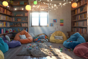 sala de leitura coberta de estantes de livros. Ao chão, puffs e no centro um tapete com brinquedos espalhados
