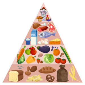 Ilustração de piramide alimentar com vários alimentos por cada setor