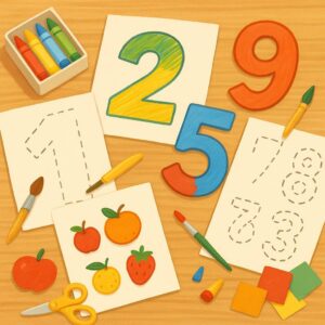 Vista aproximada de uma mesa infantil com papéis de moldes de números, alguns coloridos e outros em traços pontilhados, rodeados por frutas desenhadas, giz de cera, pincéis e recortes coloridos, transmitindo a ideia de aprendizado lúdico e criativo.
