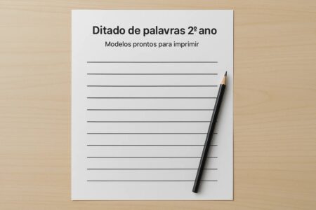 Folha de papel branca sobre uma mesa de madeira clara. No topo da folha está o título em negrito “Ditado de palavras 2º ano”, seguido pelo subtítulo “Modelos prontos para imprimir”. Abaixo, linhas horizontais pretas ocupam a maior parte da folha, destinadas para escrita. Ao lado direito da folha, repousa um lápis preto apontado, inclinado levemente para baixo.