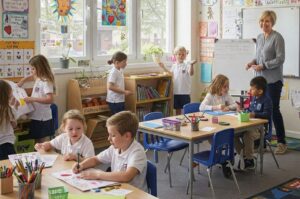 Crianças em sala de aula participando de jogos matemáticos educativos, com atividades lúdicas em mesas, materiais coloridos e professora acompanhando o aprendizado.