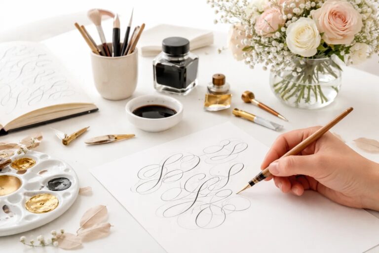 Mesa branca com materiais de escrita artística, incluindo penas, tinta, pincéis e uma mão praticando letras cursivas em papel, com flores decorativas ao fundo, representando atividades de caligrafia para imprimir com foco em treino manual e estética artesanal