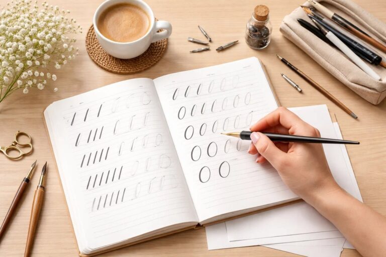 Caderno aberto com exercícios de traçados e letras ovais em prática de atividades de caligrafia para iniciantes, com mão segurando pena e materiais de escrita sobre mesa clara