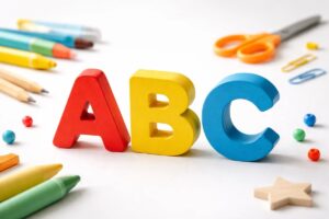 Letras A, B e C em cores vermelho, amarelo e azul dispostas sobre fundo branco, cercadas por lápis de cor, giz de cera, tesoura e materiais escolares, representando atividades de ordem alfabética voltadas ao aprendizado infantil e à organização das letras do alfabeto em contexto educacional