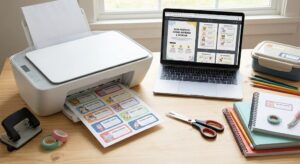 Impressora imprimindo etiquetas para material escolar sobre mesa organizada, com notebook aberto em modelo de etiquetas, tesoura, fitas adesivas, cadernos e lápis, em ambiente doméstico.