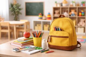 Mochila infantil amarela sobre mesa com lápis de cor, livros, maçã e materiais escolares organizados em sala de aula, representando atividades de volta às aulas para educação infantil com ambiente acolhedor e colorido