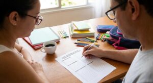 Lista de material escolar: checklist por etapa de ensino para imprimir Pais conferem lista de material escolar enquanto organizam cadernos e lápis sobre a mesa