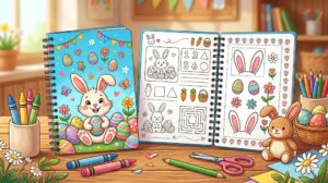 Caderno com atividades de Páscoa para educação infantil com coelho, ovos decorados e desenhos para colorir.