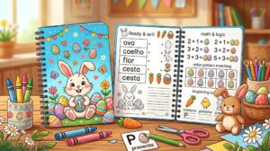 Caderno com atividades de Páscoa 1º ano com coelho, palavras e exercícios de matemática.